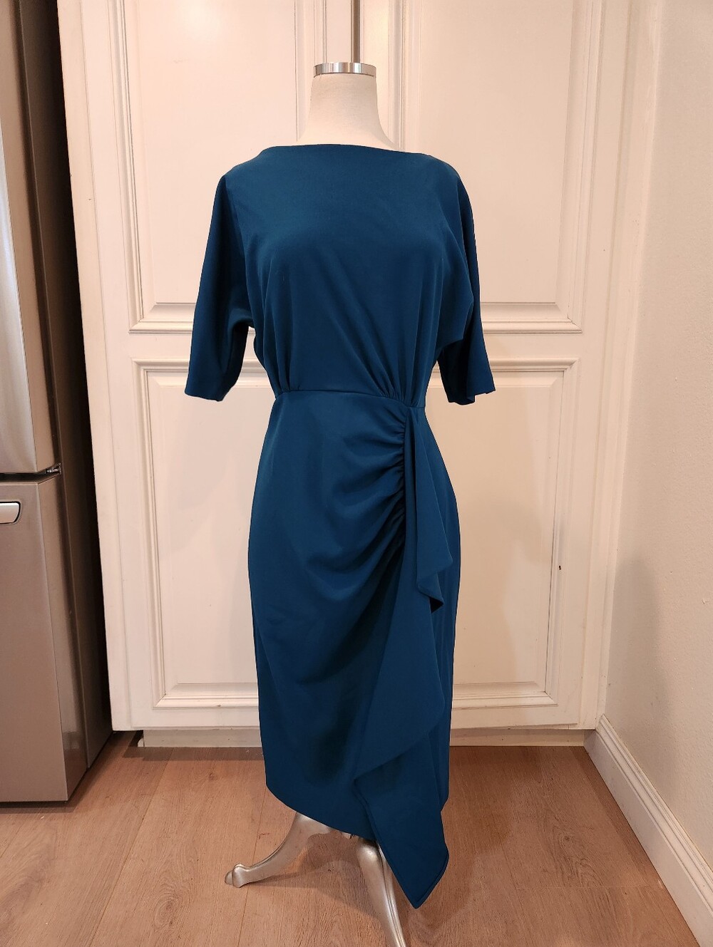 Teal Draped Waist Midi Dress - Women Dresses